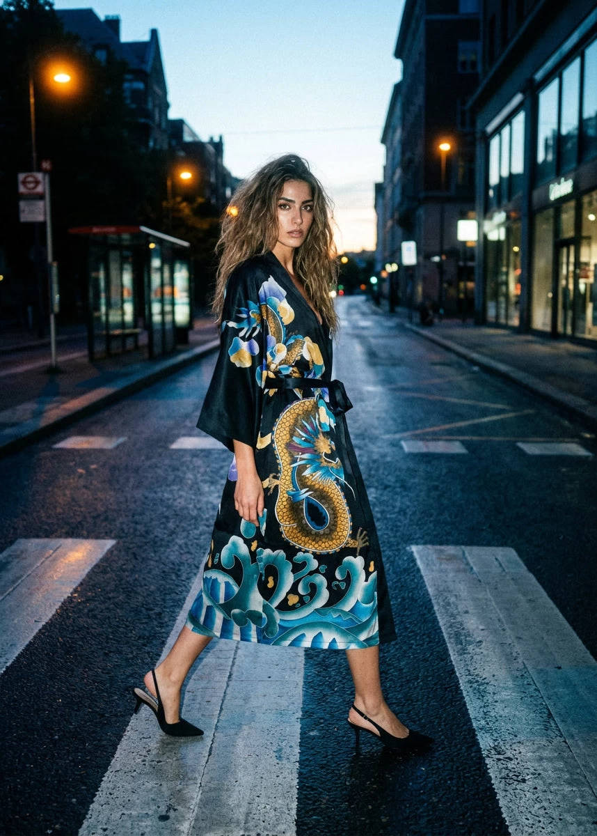 Women's Dragon Queen 100% Silk Long Kimono Robe | HANFUBAO