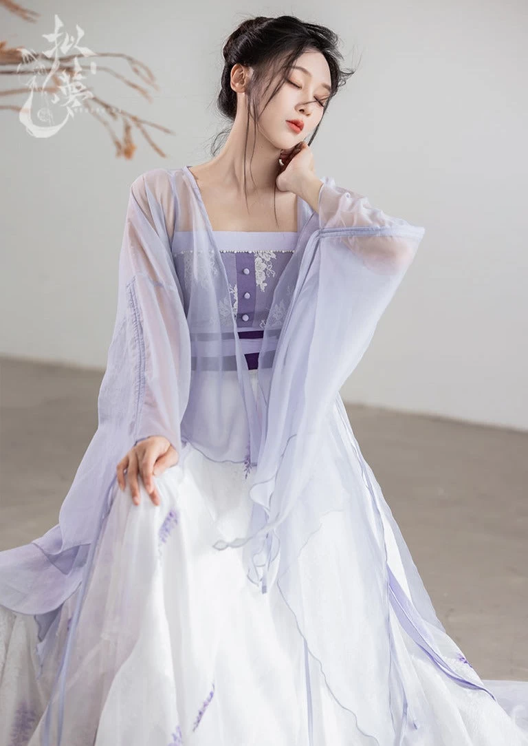 Women’s Artificial Silk Modern Hanfu 3-Piece Set Purple Wisteria | HANFUBAO