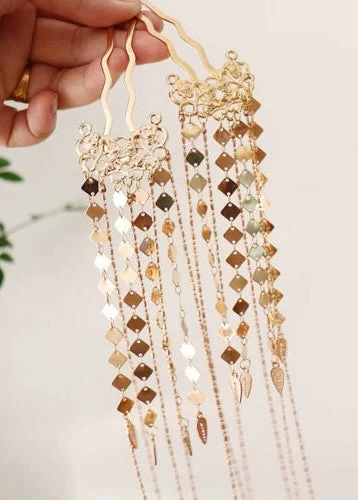 Women Firefly Glow Tassel Hairpins Gold Metal Hanfu Accessory | HANFUBAO