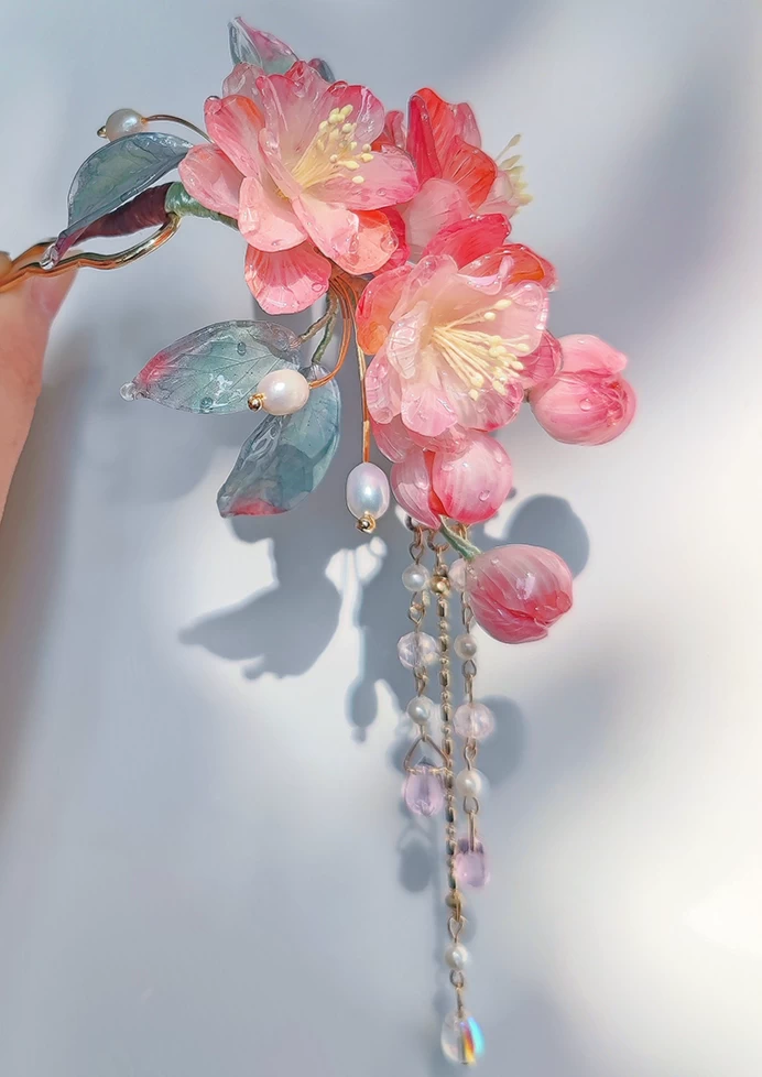 Cherry Blossom Pink Handmade Hanfu Hairpiece for Daily Wear | HANFUBAO