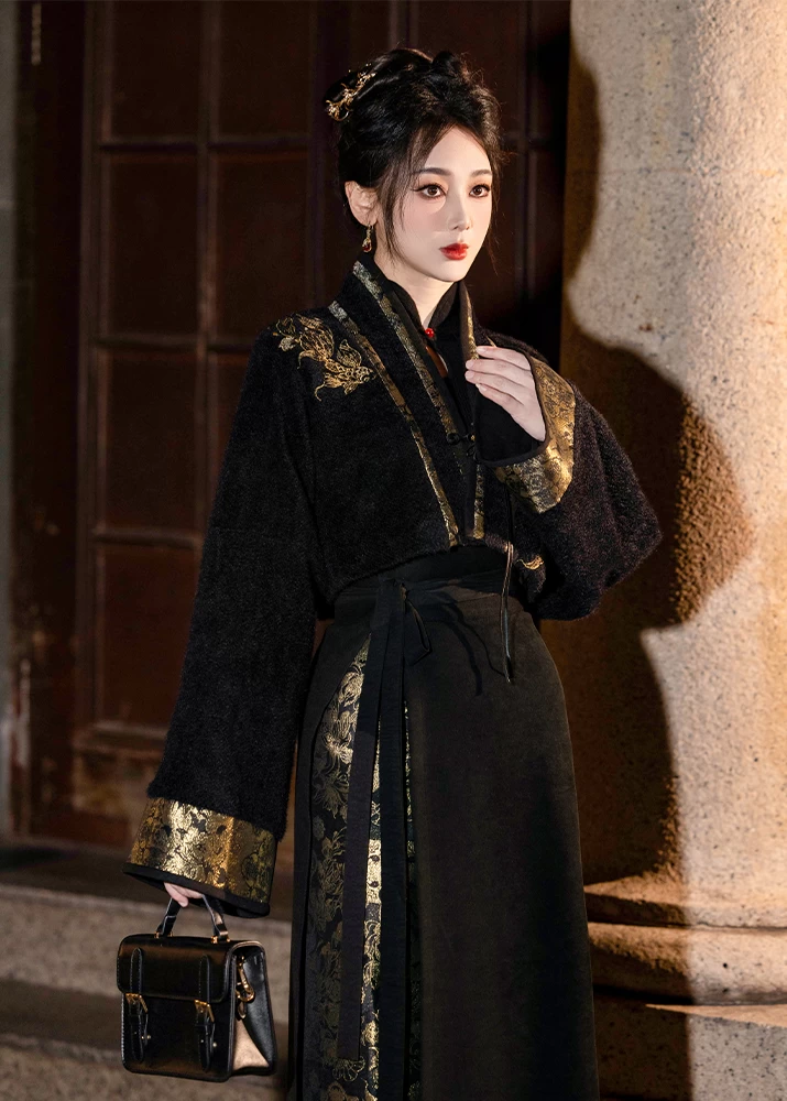 Women  Modern Hanfu 3-Piece Set Black Gold Floral Plus Size| HANFUBAO