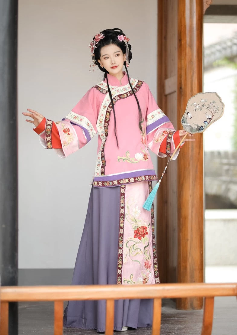 Women Modern Satin Qing Hanfu Set, Embroidered Blue Plus Size | HANFUBAO