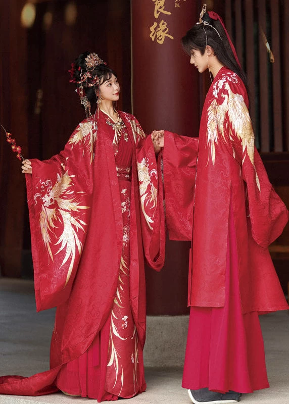 Women 3-Piece Wedding Hanfu Crane Feather Embroidered Red Plus Size| HANFUBAO
