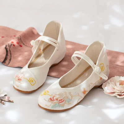 Women Canvas Hanfu Embroidered Flats Ivory/Blush Floral| HANFUBAO