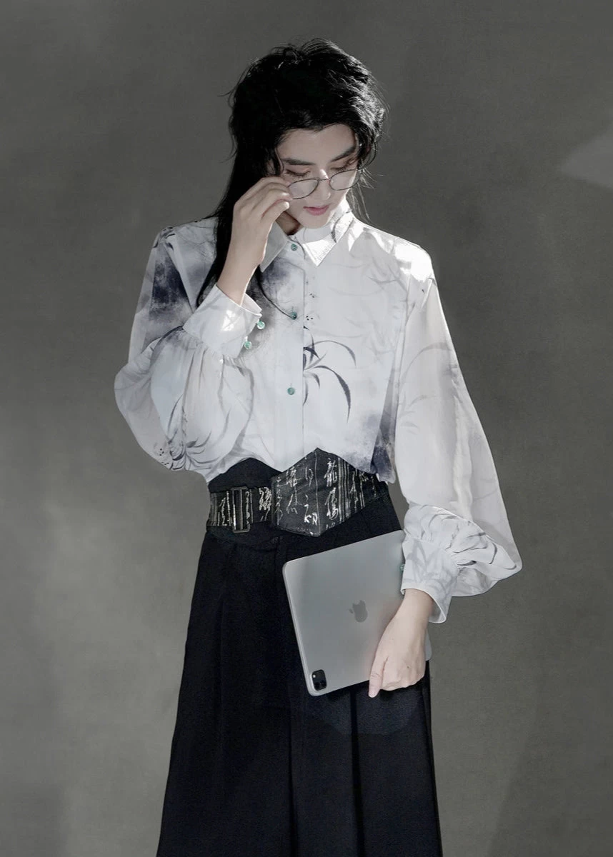 Unisex Modern Summer Hanfu Set, Clivia Print, Plus Size, Polyester-Spandex | HANFUBAO