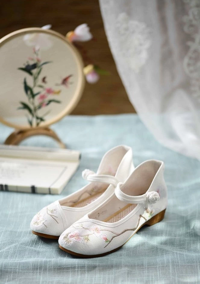 Women Canvas Hanfu Embroidered Flats Ivory/Blush Floral| HANFUBAO