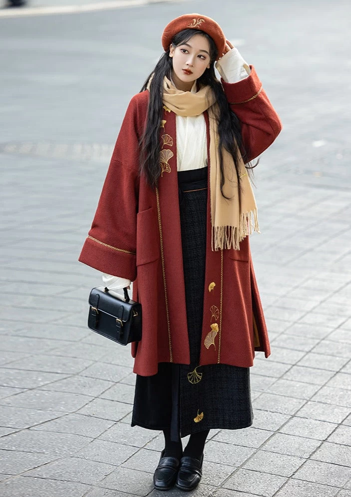 Women Modern Daily Hanfu 3pcs Fleece Blouse Skirt Coat Angora Blend| HANFUBAO