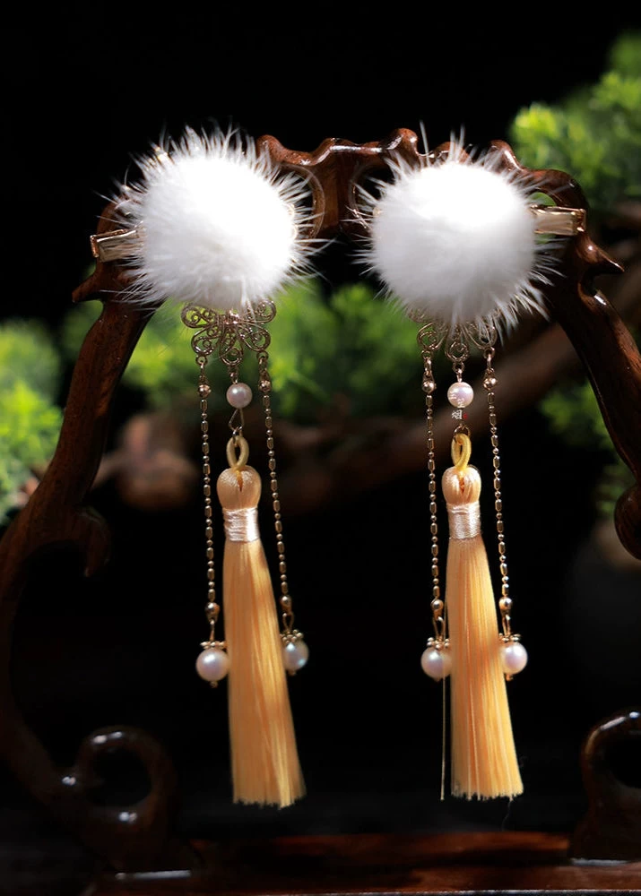 Unisex Hanfu Mink Fur Pom Hair Pieces Snowball White Set of 2 | HANFUBAO