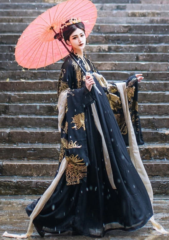 Men's Modern Daily Hanfu Black Gold Daisy  Set | HANFUBAO