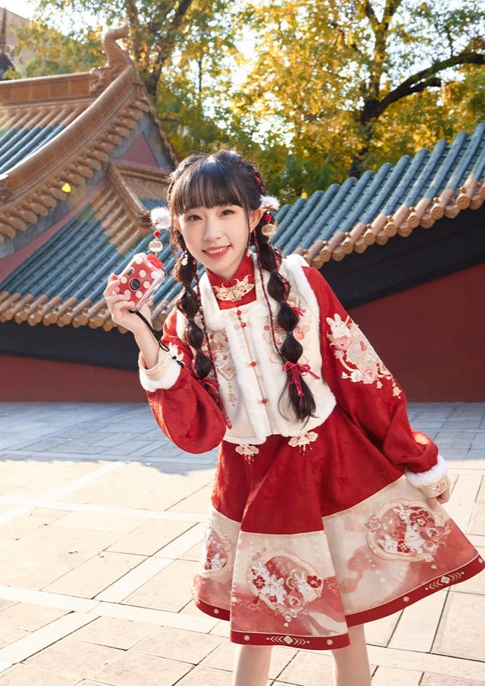 Women Winter Hanfu Dress Set Floral Embroidery Polyester| HANFUBAO