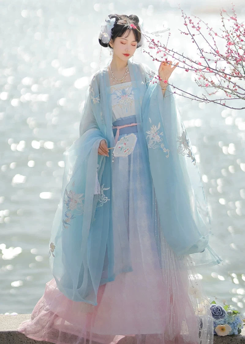 Women Modern Hanfu Chiffon Dress Set Pink Aqua 4-Piece | HANFUBAO