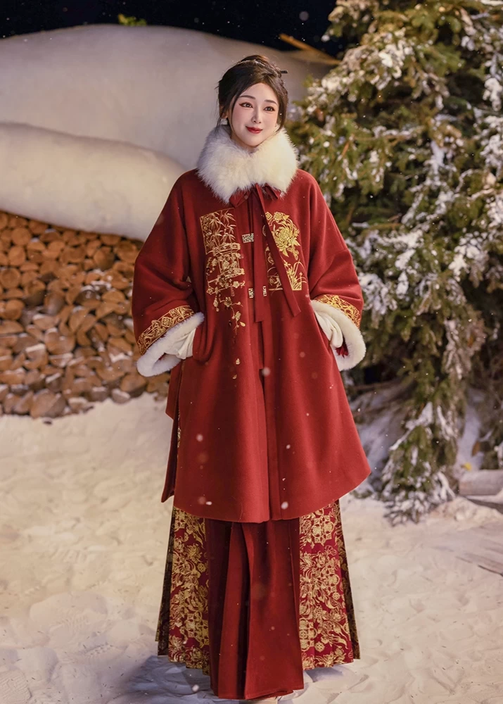 Mirelia | Women  Modern Hanfu Dress Set Fur Collar Floral Red XS-XL