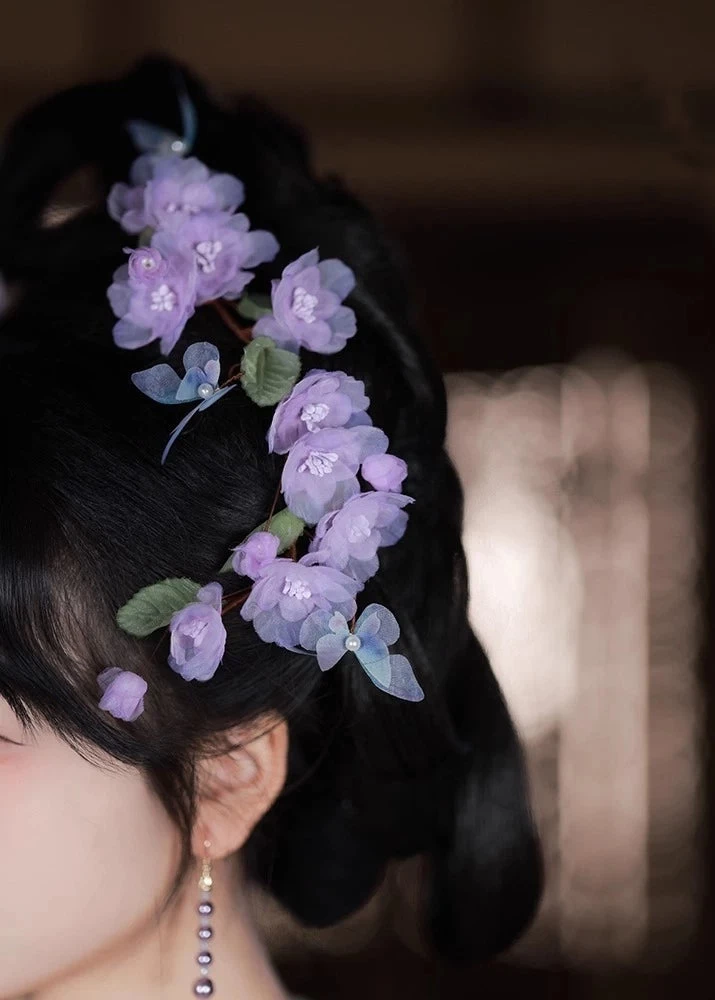 Women Crape Myrtle Yarn Flower Hair Piece for Hanfu Styling (Purple)| HANFUBAO
