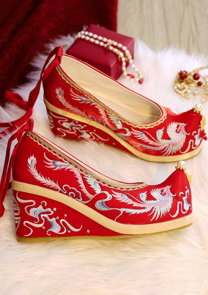 Bridal Embroidered Wedding Shoes Red Floral Butterfly Linen Pearls | HANFUBAO