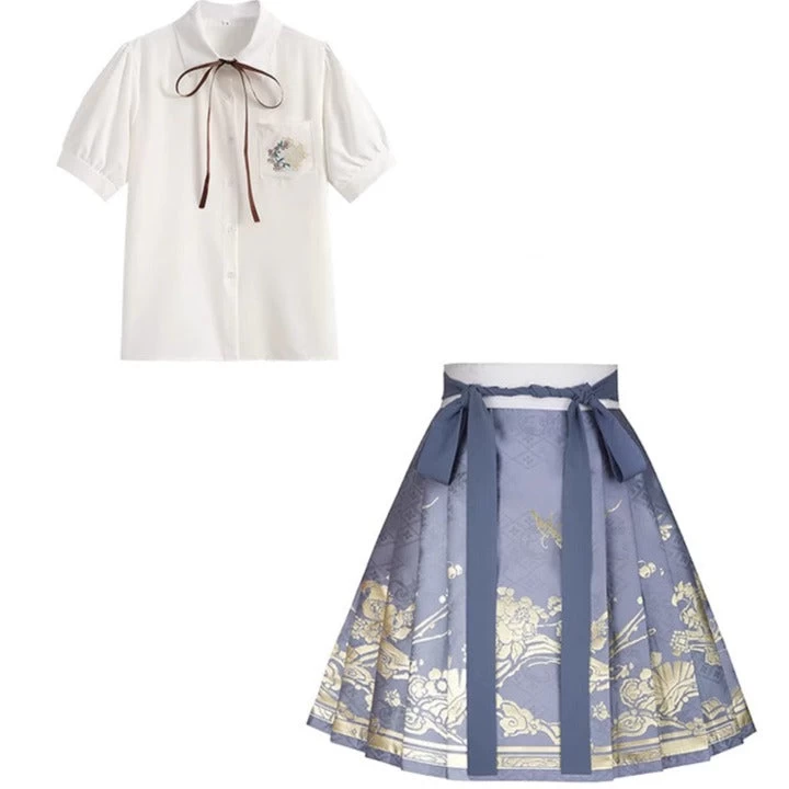 Women’s Daily Hanfu 2-Piece Shirt & Skirt Set Blue Iris Floral| HANFUBAO