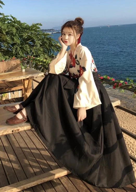 Women's Modern Daily Hanfu Set Black Camellia Print Plus Size | HANFUBAO