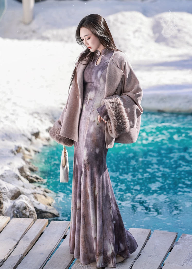 Women Modern Hanfu 2-Piece  Qipao Set Violet Mist | HANFUBAO