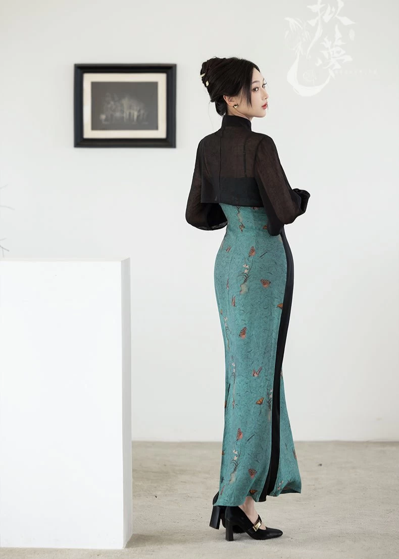 Women Modern 2-Piece Qipao Dress Set Azure Smoke Cotton Blend Daily Wear | HANFUBAO