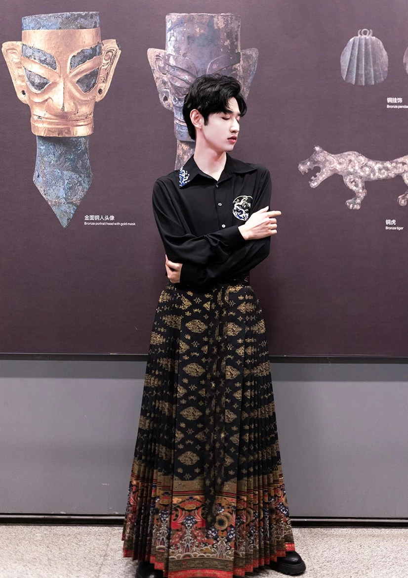 Unisex Daily Hanfu Wide Skirt Golden Sun Bird Print  Plus Size | HANFUBAO