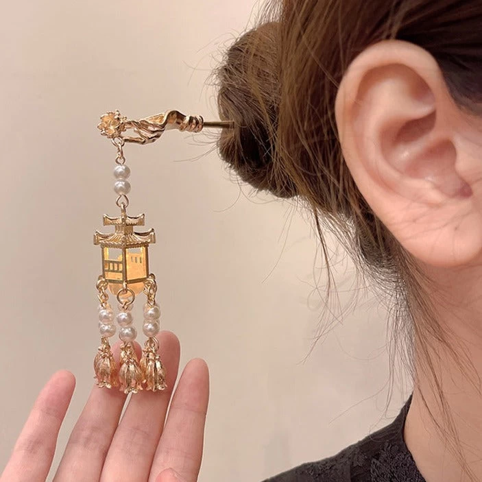 Women Pavilion Lantern Tassel Hairpin Gold Faux Pearl Metal| HANFUBAO