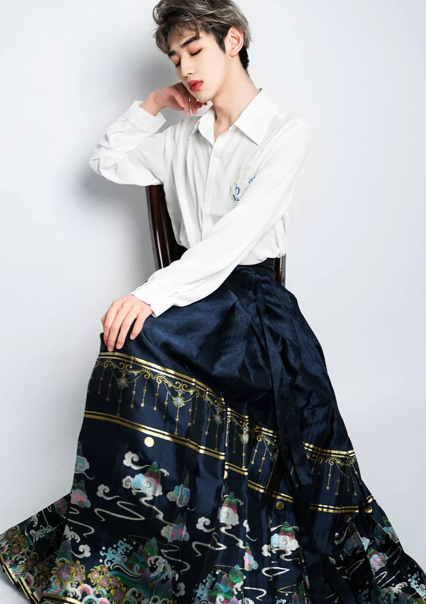 Unisex Modern Hanfu Daily Wide-Hem Skirt Black  | HANFUBAO