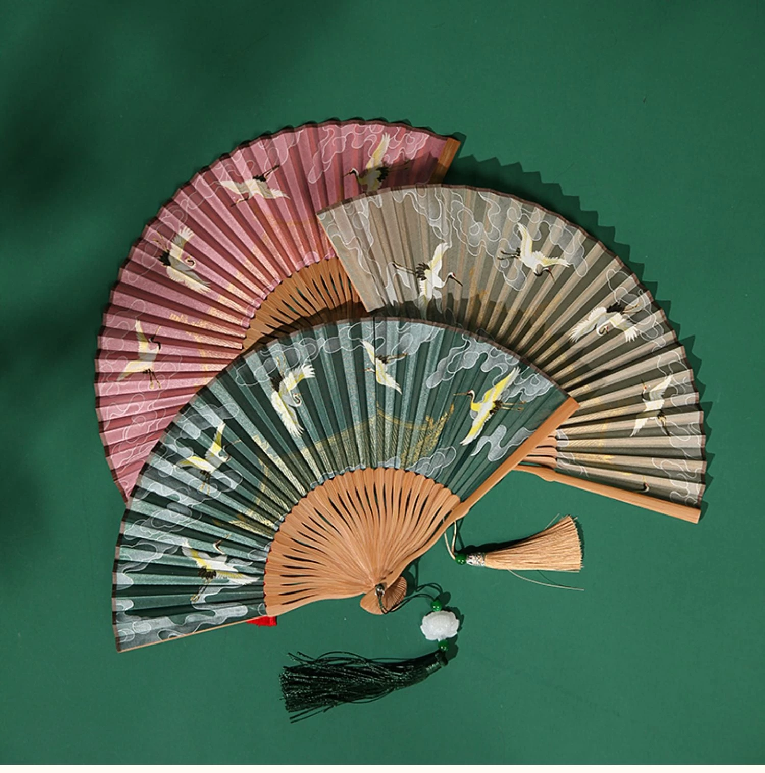 Flying Crane Folding Tassels Hand Fan,  Bamboo for Hanfu Cosplay | HANFUBAO