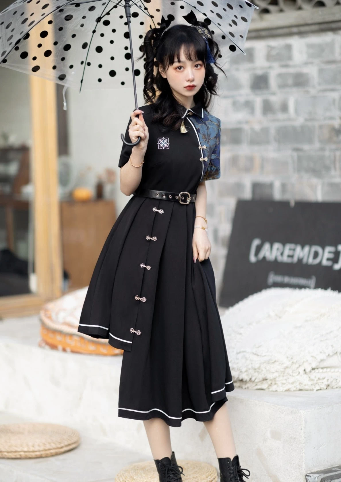 Women's Modern Black Lolita Daily Hanfu Dress, Plus Size | HANFUBAO