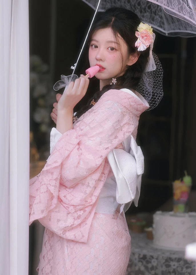 Women's Modern Hanfu 3-Piece Lace Kimono Set Sakura Pink Polyester| HANFUBAO