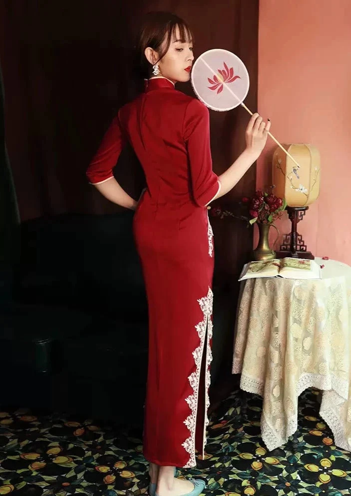 Women Acetate Satin Modern Hanfu Qipao Dress Sapphire Blue | HANFUBAO