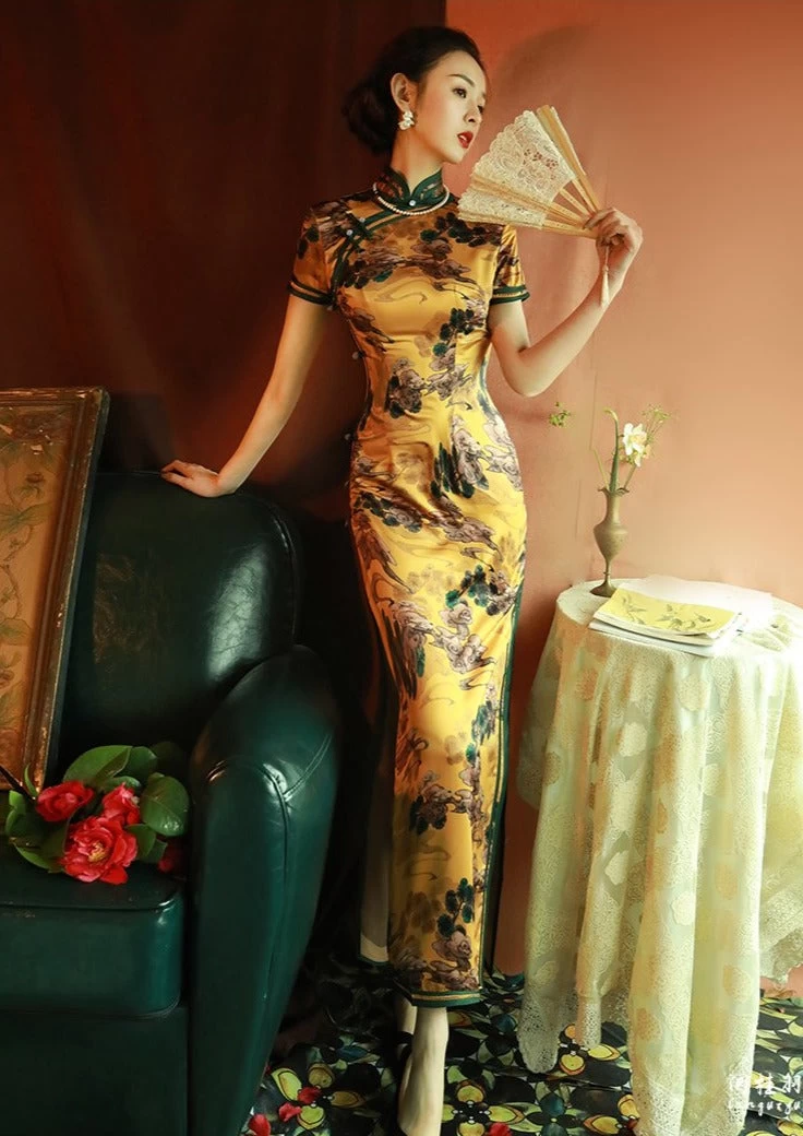 Women Cloud Satin Qipao Cheongsam Gold Cloud Print Daily Wear| HANFUBAO