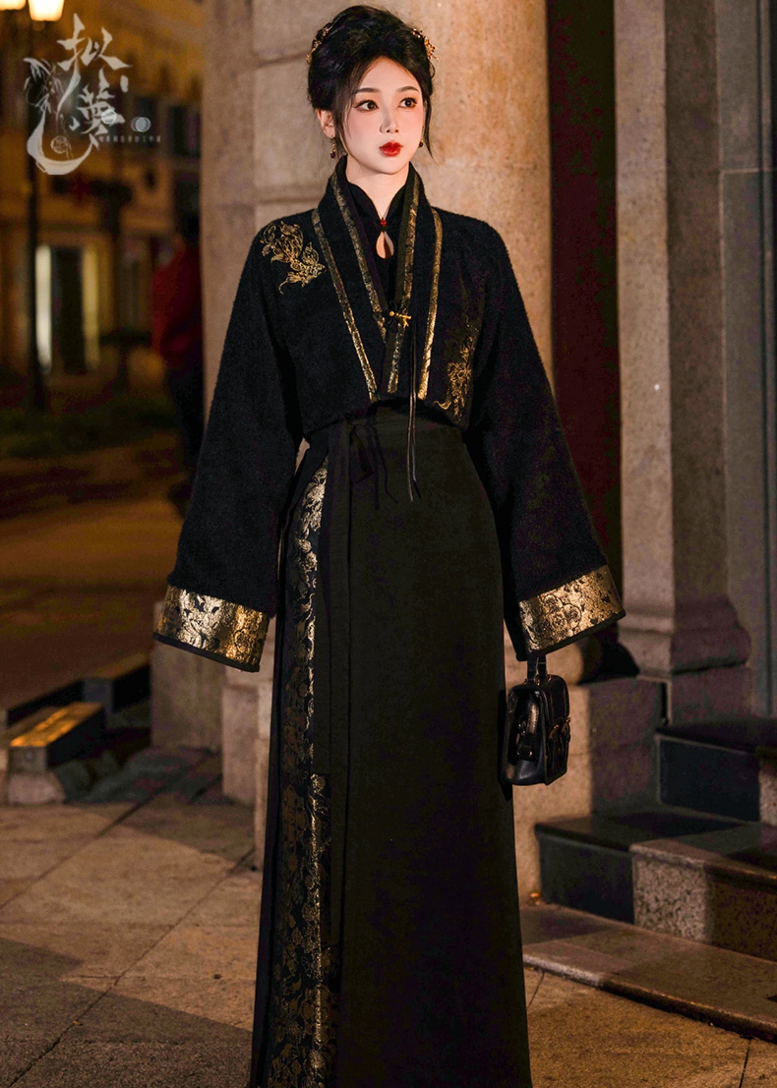 Women  Modern Hanfu 3-Piece Set Black Gold Floral Plus Size| HANFUBAO