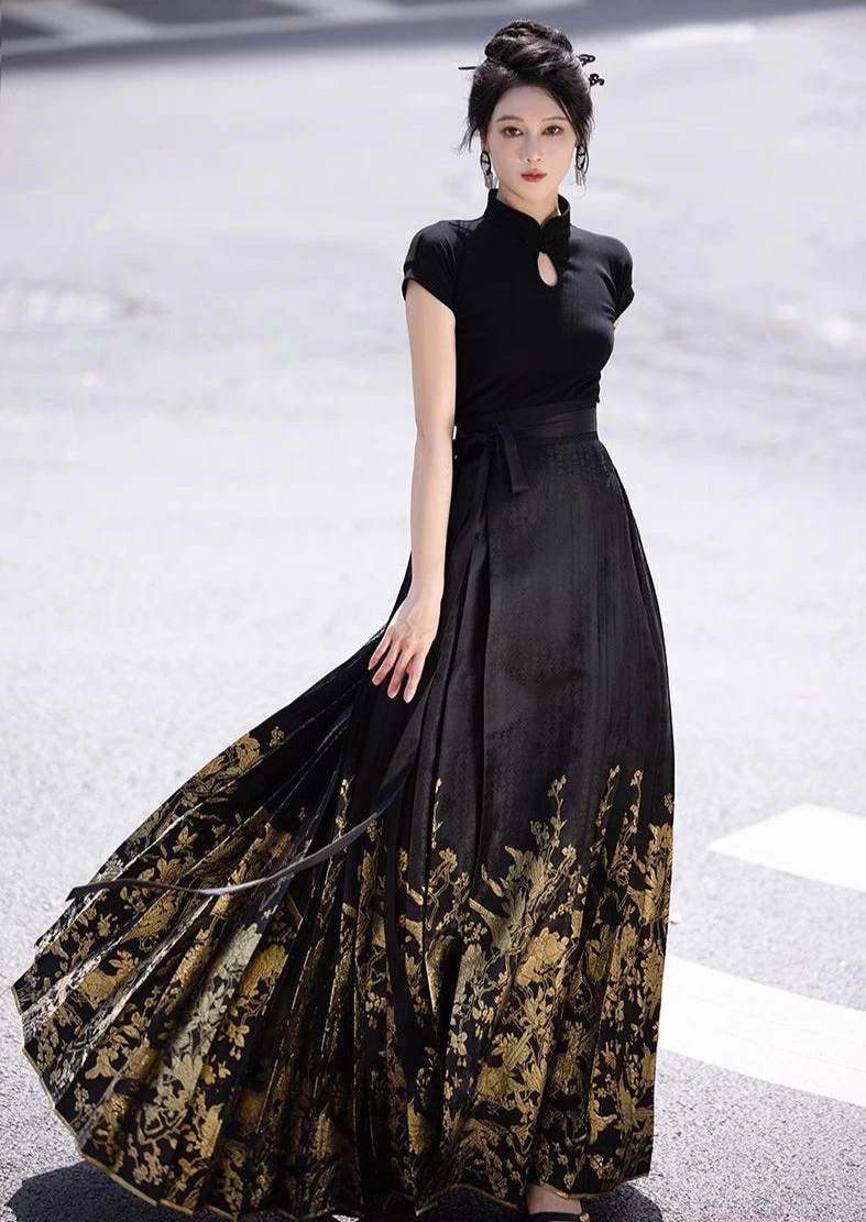 Women's Modern 2-Piece Ma Mian Hanfu Skirt Set, Cotton Blend Top | HANFUBAO