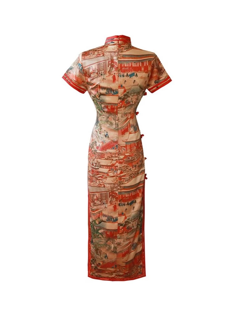 Women Vintage Satin Qipao MeilRed Painting Print | HANFUBAO