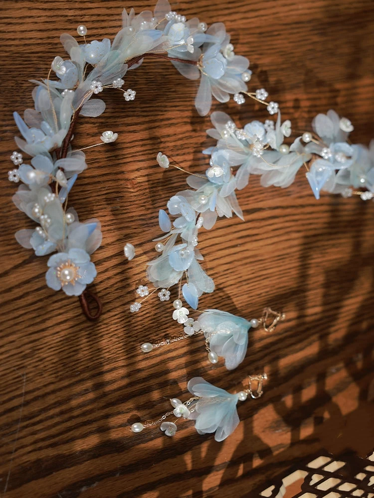 Women Hanfu Yarn Flower Hair Pieces & Earrings Set Snow White Orchid | HANFUBAO