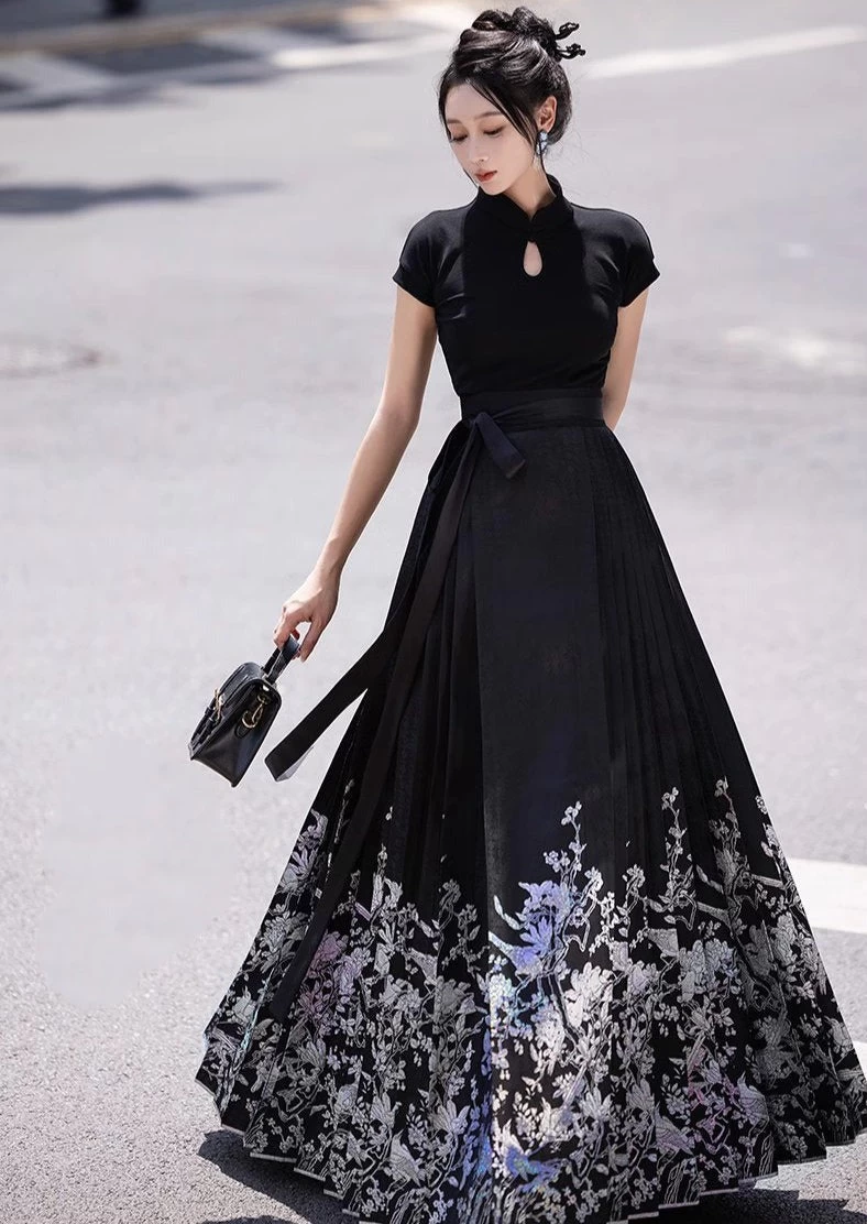 Women's Modern 2-Piece Ma Mian Hanfu Skirt Set, Cotton Blend Top | HANFUBAO