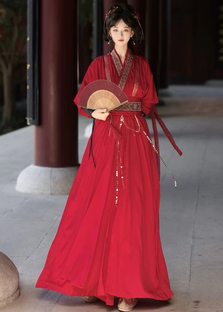 Unisex 5-Piece Modern Daily Hanfu Set Red Dust | HANFUBAO Polyester