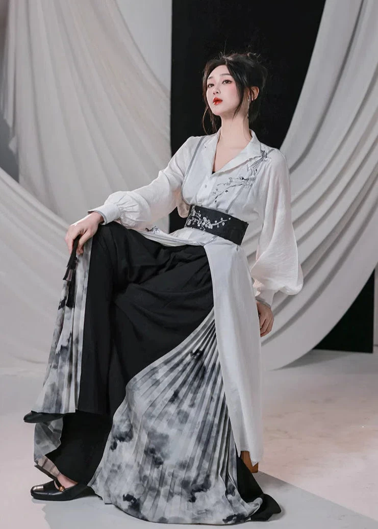 Women's Modern Hanfu Cotton Blend Pants Set | Plum Print Plus Size | HANFUBAO