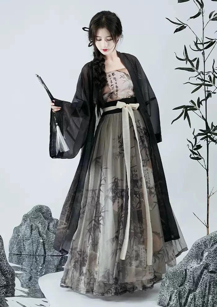 Women’s Daily Hanfu 3-Piece Set Bamboo Pattern Skirt & Coverup | HANFUBAO