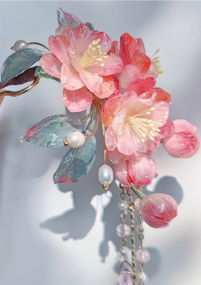 Women Handmade Cherry Blossom Pink Shrinky Dink Hanfu Hairpiece| HANFUBAO