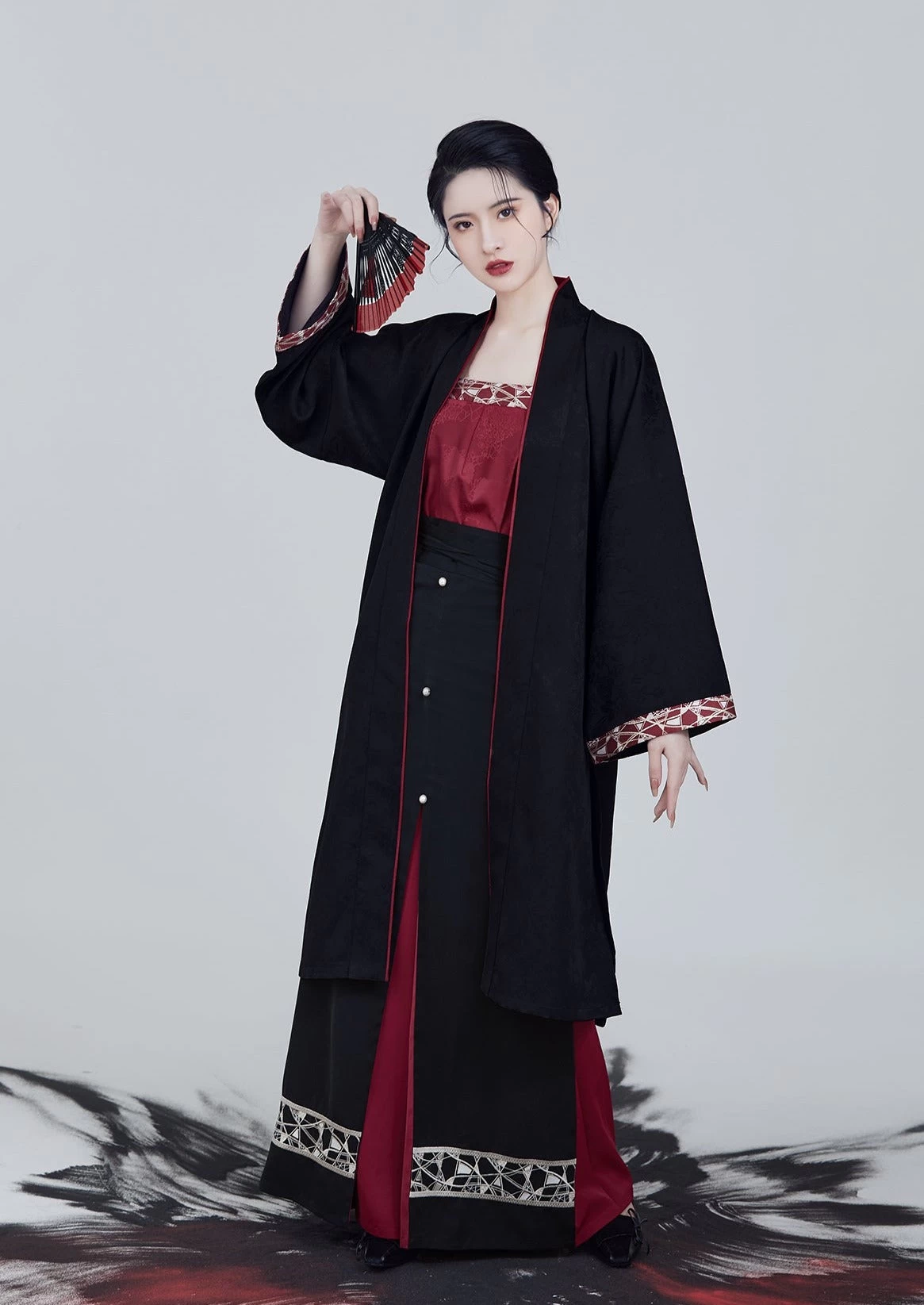 Women Modern Black Daily Hanfu Set Skirt+Top+Coverup | HANFUBAO