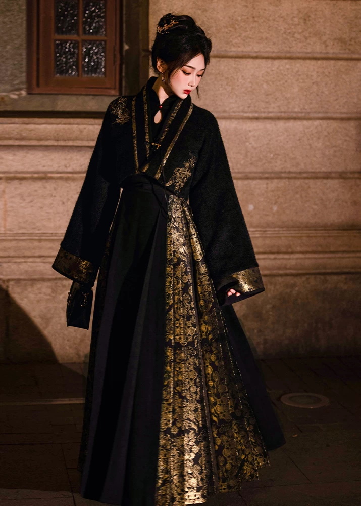 Women  Modern Hanfu 3-Piece Set Black Gold Floral Plus Size| HANFUBAO