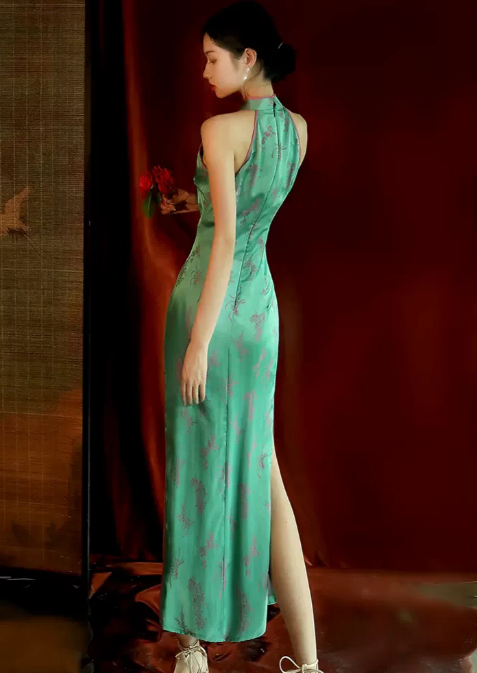 Women Satin Qipao Dress Emerald Floral High Slit| HANFUBAO