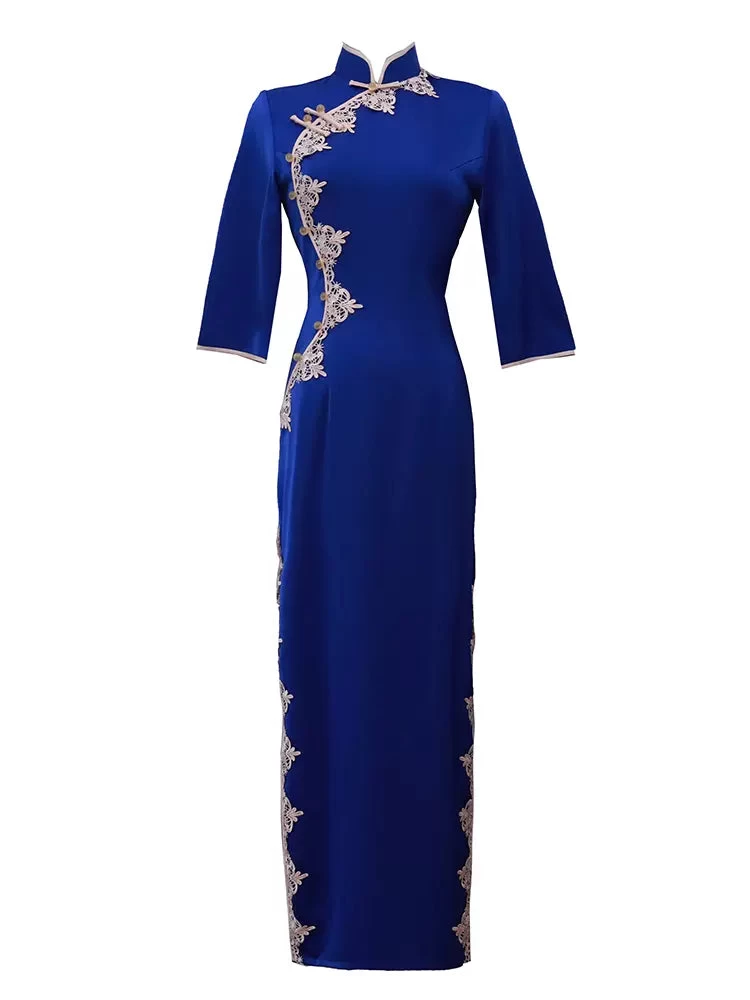 Women Acetate Satin Modern Hanfu Qipao Dress Sapphire Blue | HANFUBAO