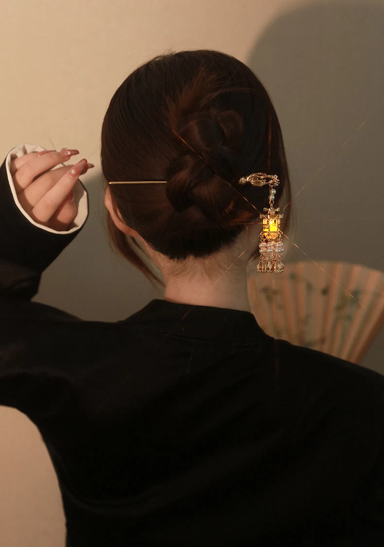 Women Pavilion Lantern Tassel Hairpin Gold Faux Pearl Metal| HANFUBAO