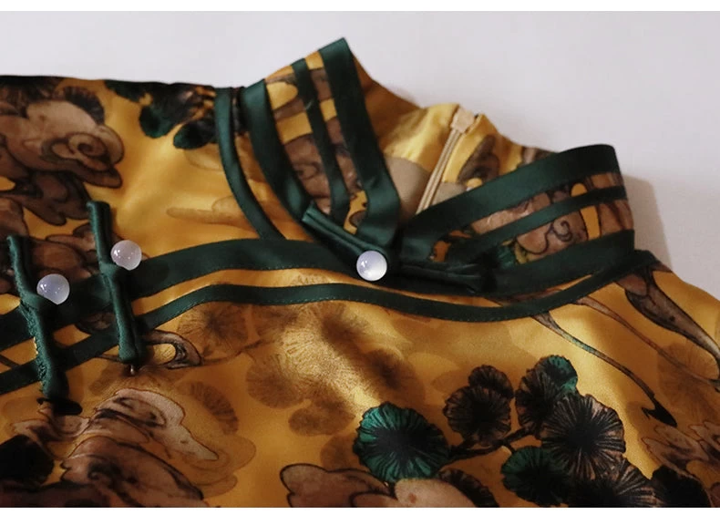 Women Cloud Satin Qipao Cheongsam Gold Cloud Print Daily Wear| HANFUBAO