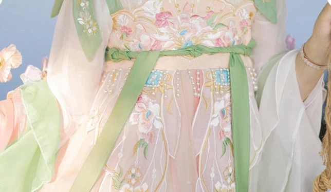 Women's Daily Hanfu 3-Piece Tang Pink Floral Embroidery Chiffon Set | HANFUBAO