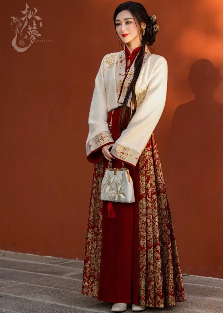 Women  Modern Hanfu 3-Piece Mamian Dress Set Red Embroidered | HANFUBAO