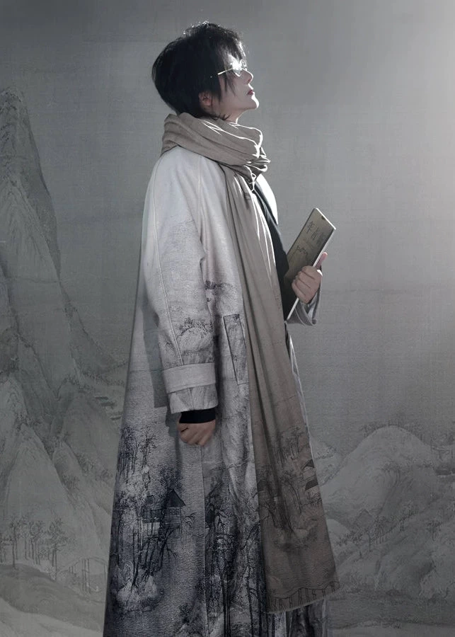 Unisex Modern Hanfu  Coat & Scarf Snow Mountain Print | HANFUBAO