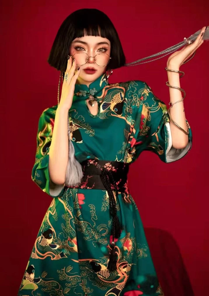 Women's Mini Qipao Dress Green Koi Print,  Party Night Out| HANFUBAO