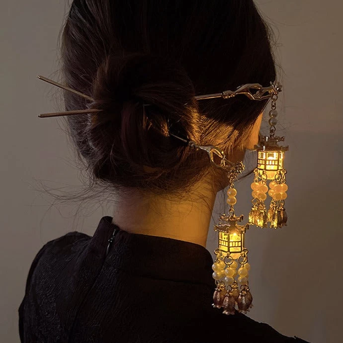 Women Pavilion Lantern Tassel Hairpin Gold Faux Pearl Metal| HANFUBAO